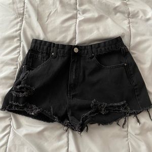 Distressed Black Denim Shorts